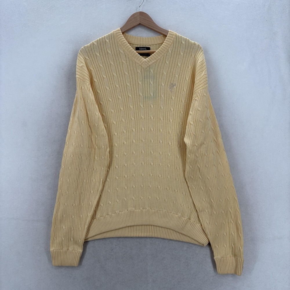 Vintage Ashworth Sweater Mens Medium Yellow V Neck Cable Knit Pullover Golf NWT